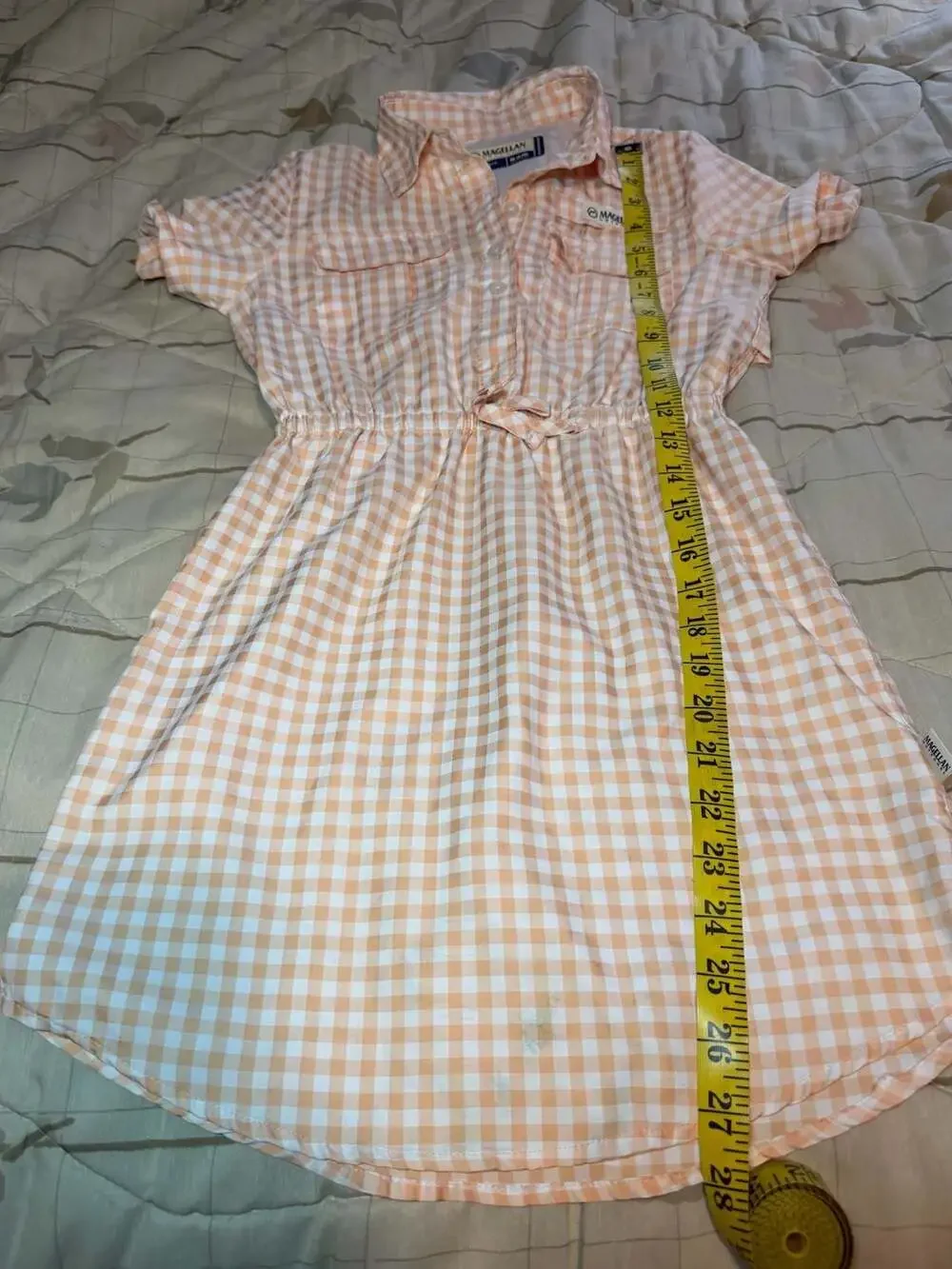 Magellan Outdoors Girls Peach Gingham Short Sleeve Button-Front Shirt Dress